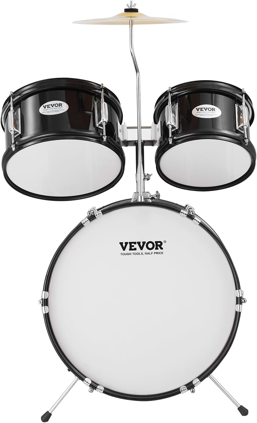 VEVOR Kids Drum Set, 5 Piece 16in Beginner Youth Full Drum Set with Bass Toms Snare Floor Drum Adjustable Throne Cymbal Hi-Hat Pedal and Two Pairs of Drumsticks, Starter Drum Kit for Child Kids, Black