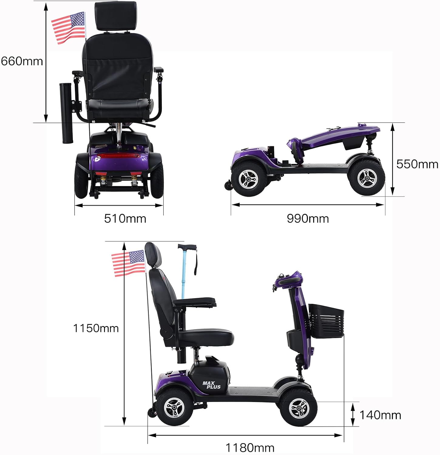 Mobility Scooters for Seniors & Adults 400 Lb Weight All Terrain,Heavy Duty 4 Wheel Powered Scooter,Luxury Seat and Front Rear Led Lights,Foldable Disability Electric Wheelchair,15Miles,Purple