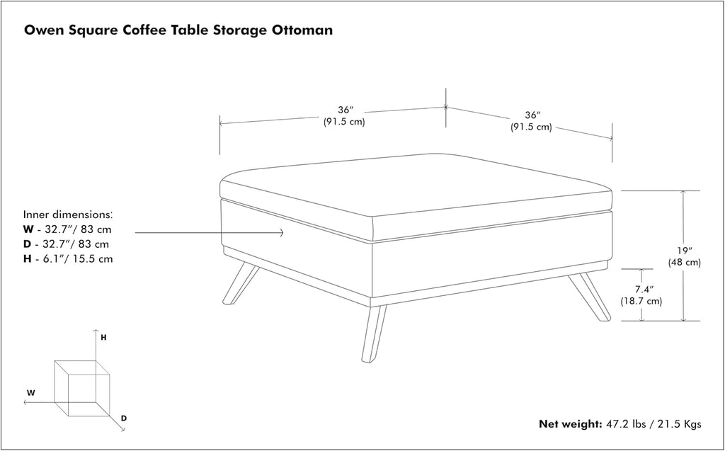 SIMPLIHOME Owen 36 inch Wide Mid Century Modern Square Coffee Table Storage Ottoman in Slate Grey Linen Look Fabric, Assembled, for the Living Room, Entryway and Family Room