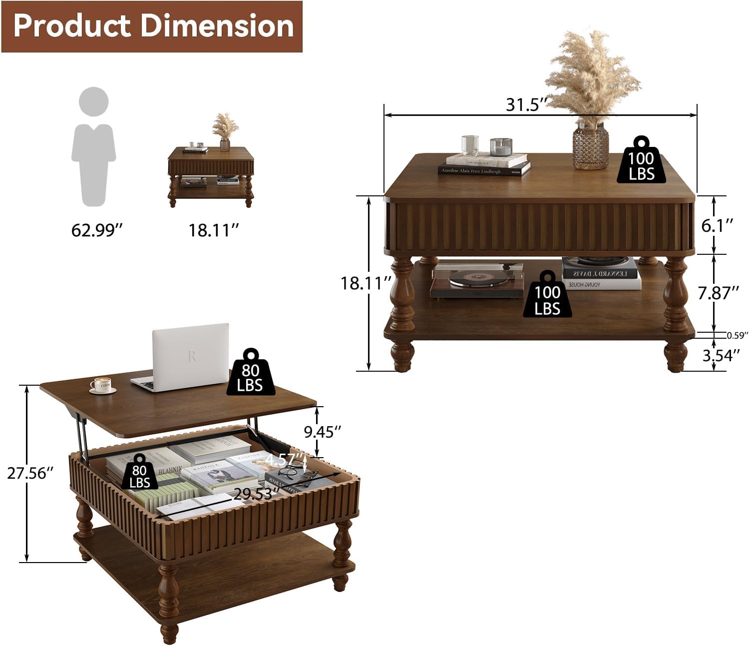 31.50' Square Fluted Lift-Top Coffee Table with Hidden & Open Storage, Modern Center Table with Hydraulic Raising Mechanism, Retro Tea Table with Solid Wood Legs for Living Room Apartment, Walnut