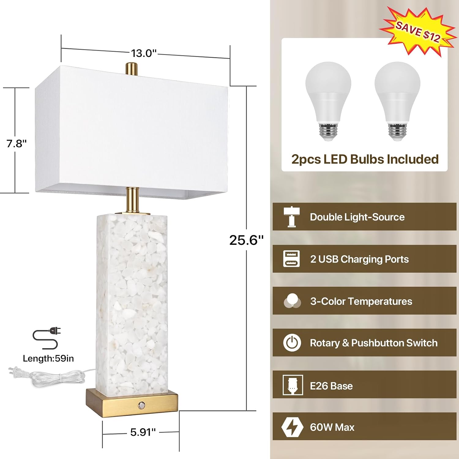 2-Pack 25.6' Alabaster Lamps, Marble Lamp Nightstand Lamps Set of 2, 3-Color Temperatures Bedside Lamps with Nightlight, Modern Table Lamp with USB Ports for Living Room Bedroom Hotel, Bulbs Included