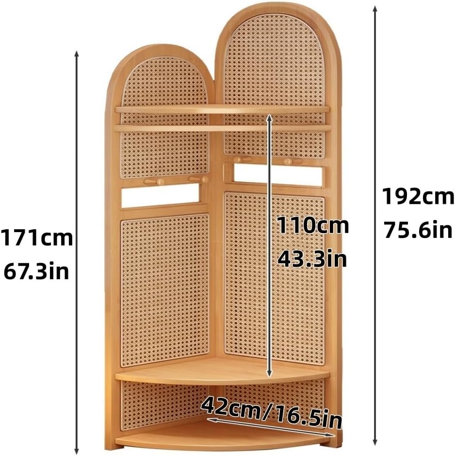 Corner Coat Rack with Shelves and Drawer, Wooden Tall Coat Rack with Shoe Storage for Clothes and Bags, Plastic Rattan Hall Tree with Shoe Storage for Bedroom(Natural)