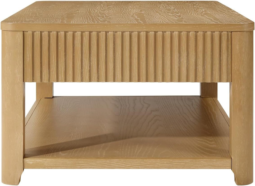 HULALA HOME Modern Fluted Coffee Table with Storage, Wood Oak Veneer Coffee Table with Wide Tabletop, 2 Drawers and Lower Shelf for Living Room, Easy Assembly, Natural