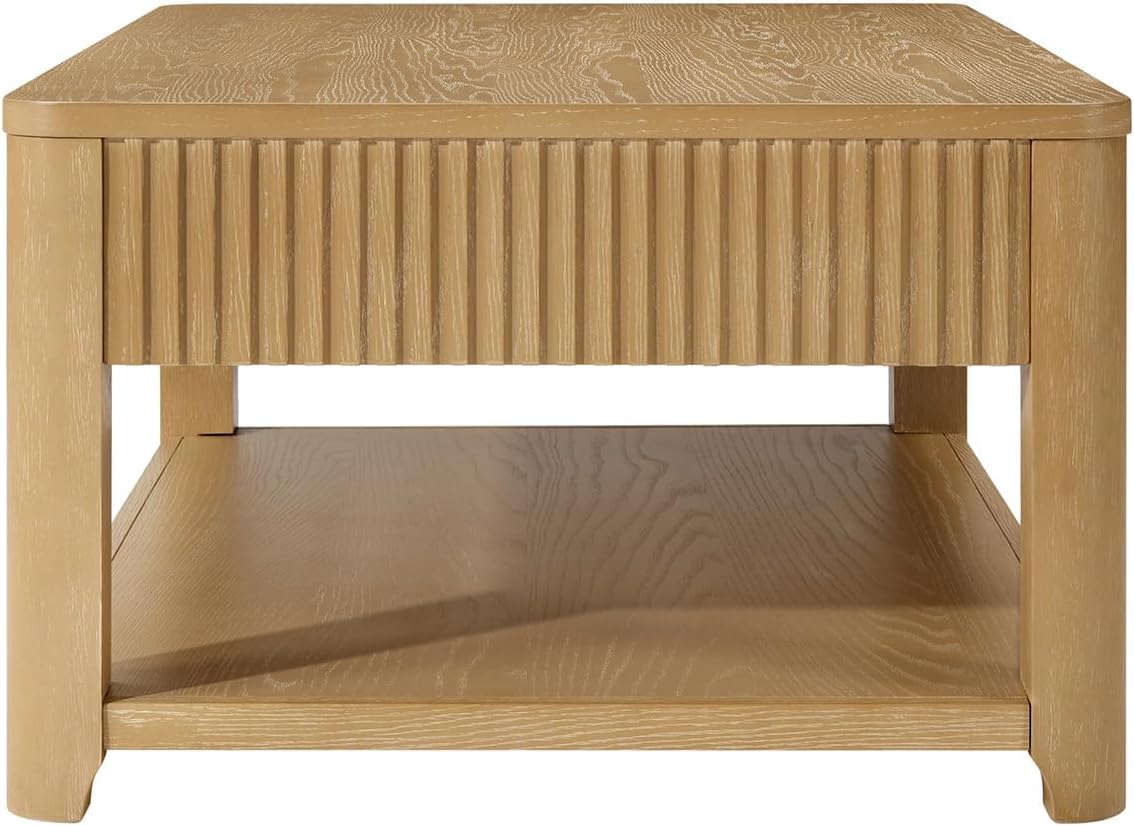 HULALA HOME Modern Fluted Coffee Table with Storage, Wood Oak Veneer Coffee Table with Wide Tabletop, 2 Drawers and Lower Shelf for Living Room, Easy Assembly, Natural