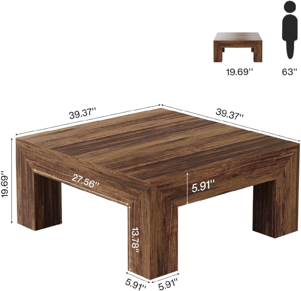 39.4' Square Coffee Table, Farmhouse Coffee Table with Sturdy Base, Mid-Century Modern MDF Accent Center Tea Tables for Living Room Apartment, Easy Assembly