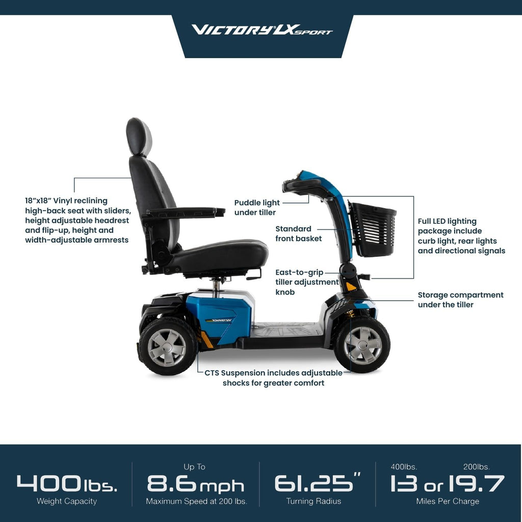 Pride Victory LX Sport + Accessories, Heavy Duty 4 Wheel Scooter for Adults and Seniors, Comfrot High Back Seating, 400 lb Capacity, LED Lighting, CTS Suspension, 8.6 MPH, Extended Service Warranty
