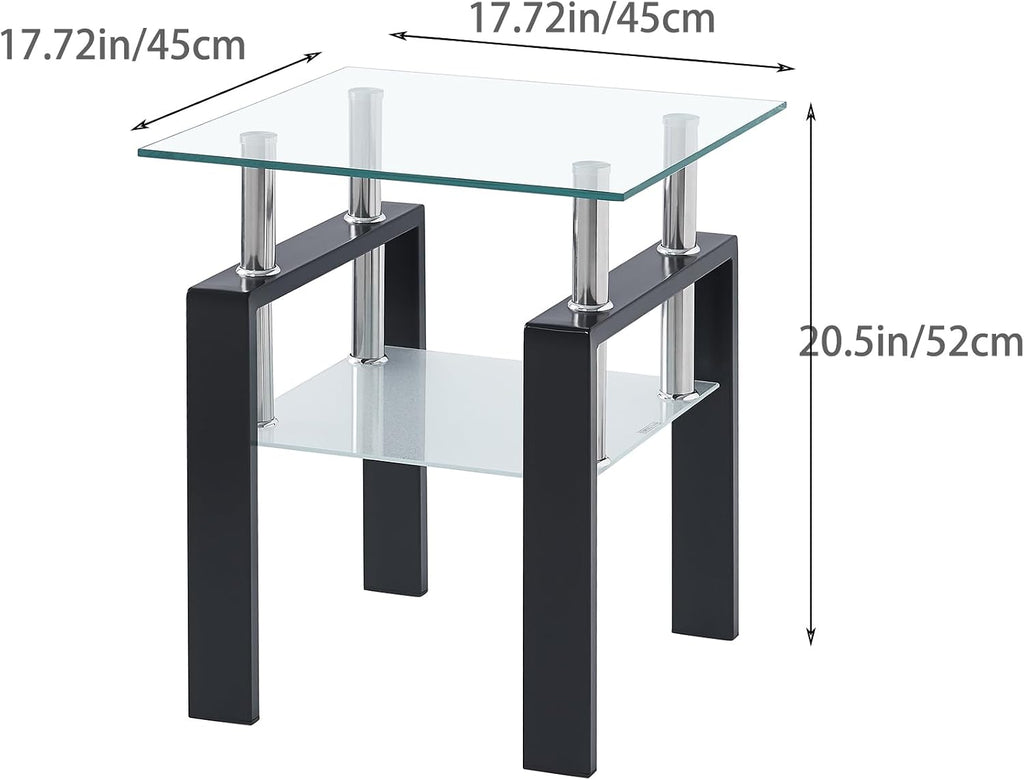 Glass Coffee Table Set of 3, Modern Clear Coffee and End Tables Set with Black Metal Legs, Small Waterfall Glass Coffee Table Set for Living Room, 3 PCS