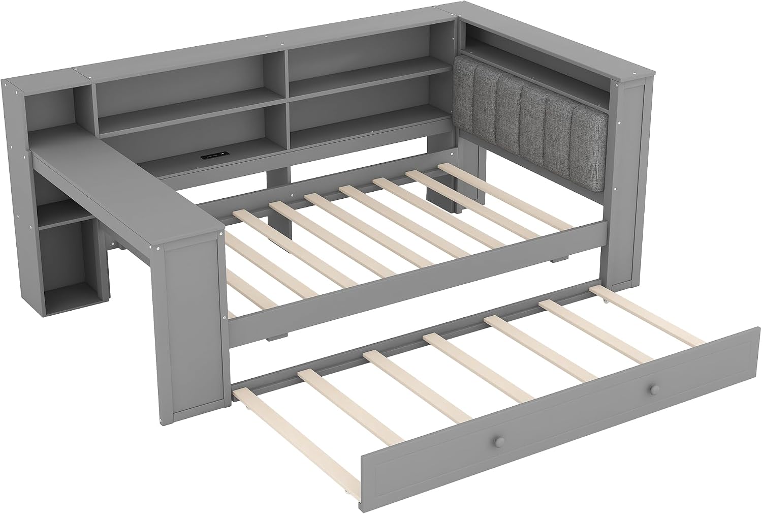 LUMISOL Twin Size Corner Bed with Desk, Storage Bookcase, Charging Station and LED Lights, Solid Wood Daybed Frame with Trundle and Upholstered Headboard for Kids Teens Adults, Gray