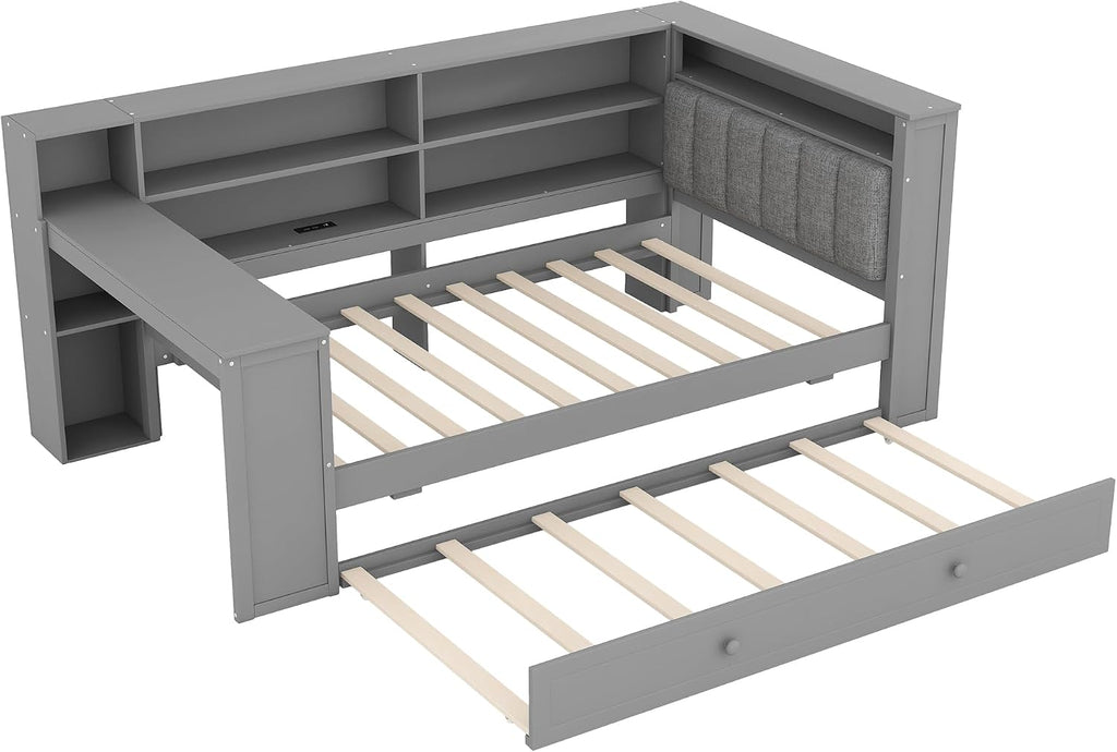 Merax Multifunctional Twin Size Daybed with Trundle, Built-in Desk, Wood Corner Bed with 8 Storage Shelves, Charging Station, and Upholstered Headboard, Grey