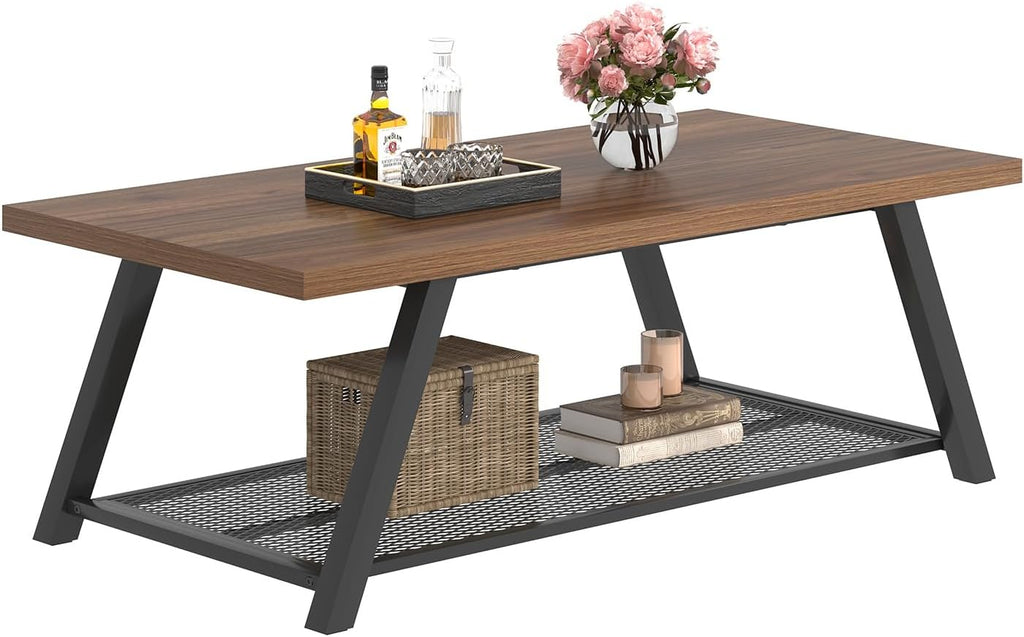 FOLUBAN Modern Coffee Tables for Lliving Room, Retro Wood and Metal Coffee Table with Storage, 2-Tier Industrial Rectangle Cocktail Tea Table, Walnut, 47 Inch