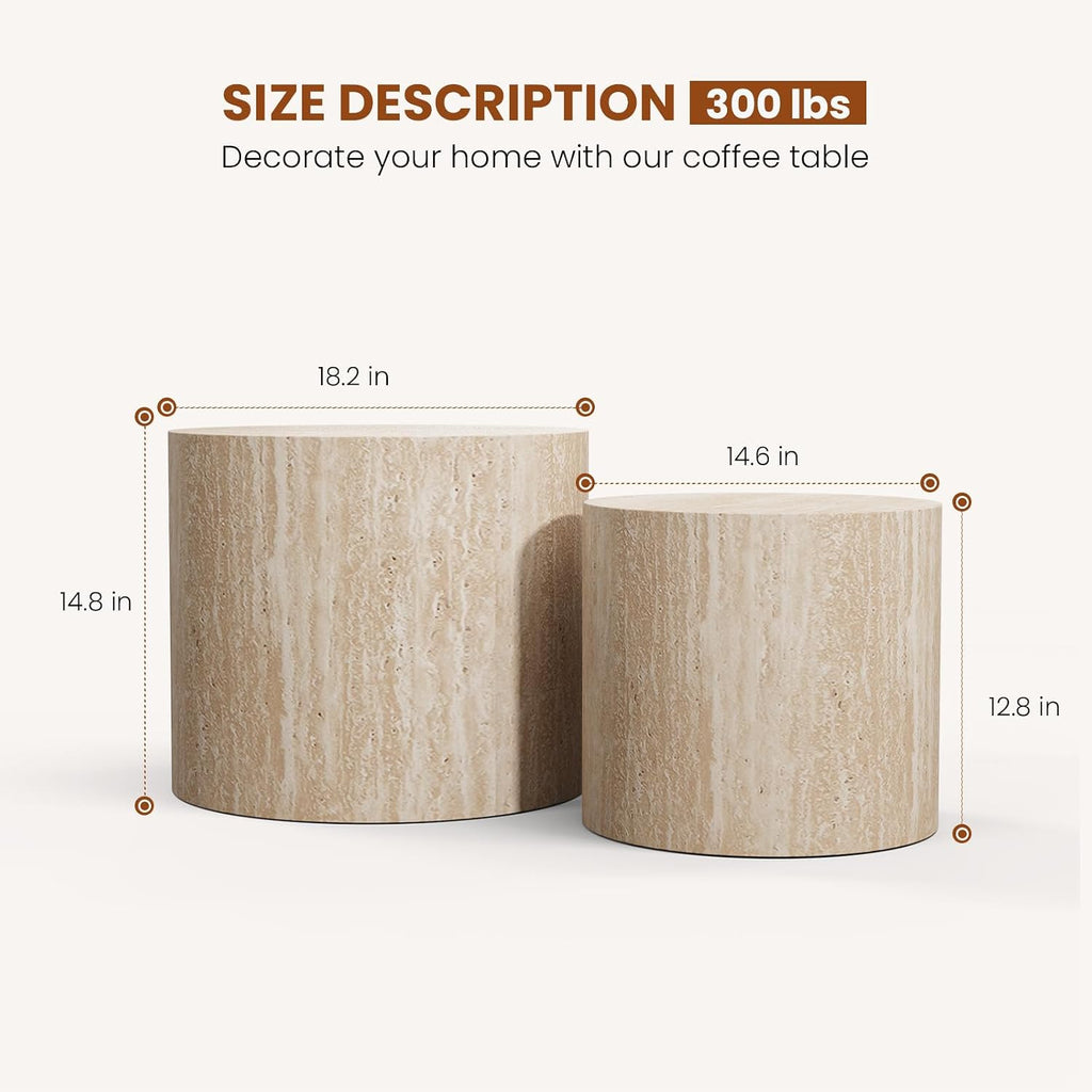 Round Wood Coffee Table Set of 2 Modern Circle Travertine Nesting Coffee Tables Handcrafted Drum End/Side Tables Sets for Living Room for Small Space (Travertine (D18.2+D14.6 inch))
