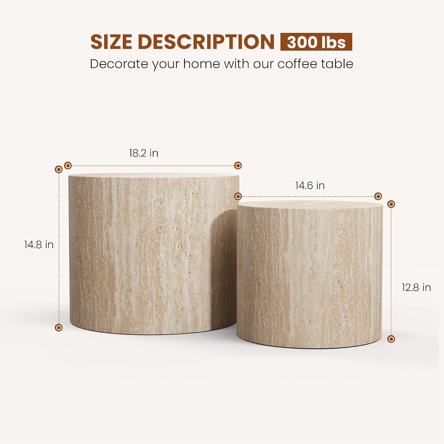 Round Wood Coffee Table Set of 2 Modern Circle Travertine Nesting Coffee Tables Handcrafted Drum End/Side Tables Sets for Living Room for Small Space (Travertine (D18.2+D14.6 inch))