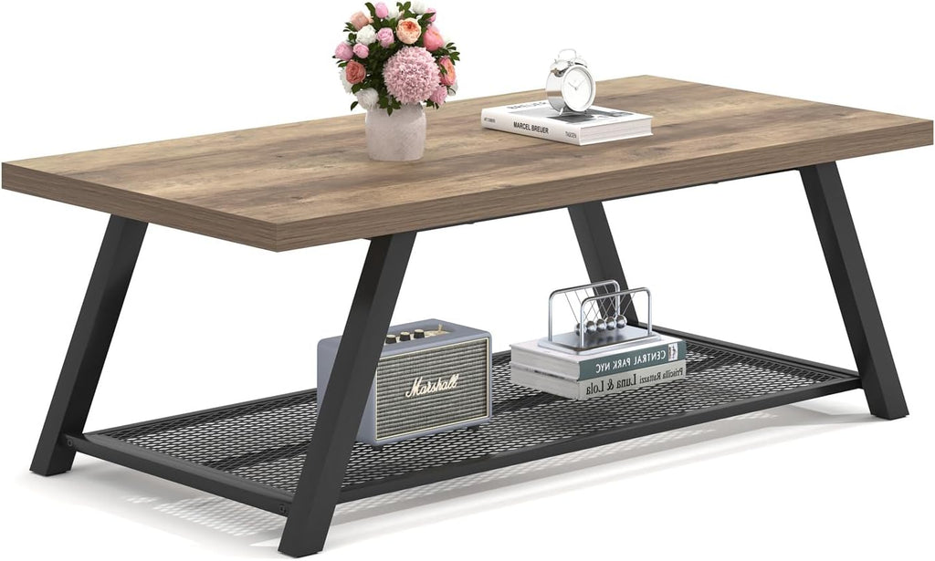 FOLUBAN Coffee Table with Storage, Modern Rustic Wood and Metal Coffee Tables for Living Room, Industrial 2-Tier Center Tea Cocktail Table, Oak, 47 Inch