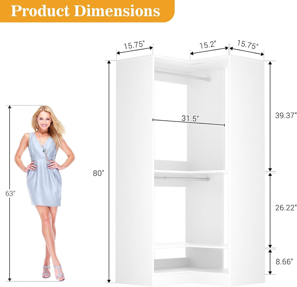 Homieasy Corner Closet System Modular with Upper & Lower Hanging Areas and Shoe Shelf, Corner Wardrobe Organizer, Easy Assembly, Anti-Tip Design, Perfect for Bedroom or Walk-In Closet, White