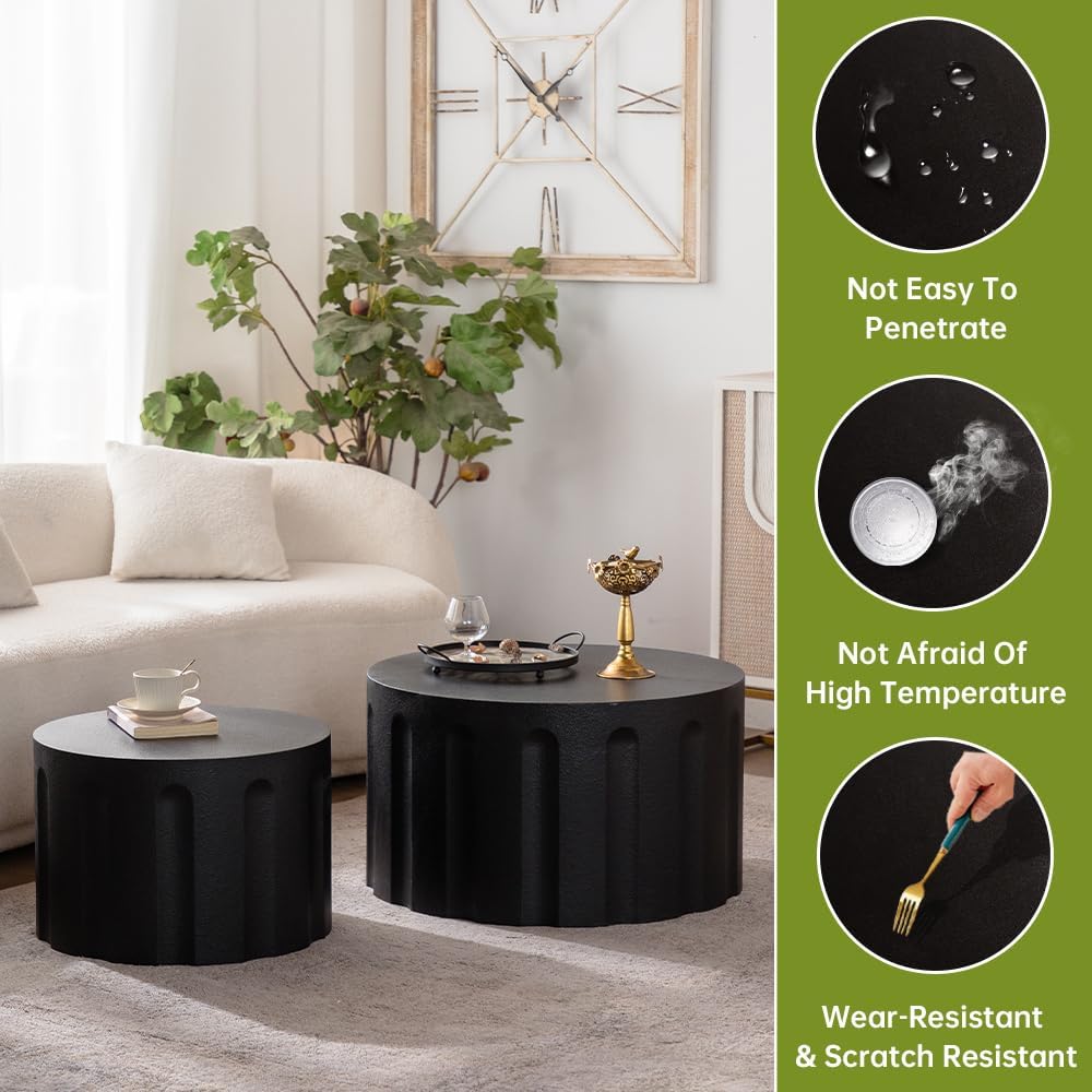 Round Nesting Coffee Table Modern Black Fluted Coffee Table Set of 2 Stripe Round Coffee Tables Drum Crescent Side Table Accent End Table for Living Room (Black D Large)
