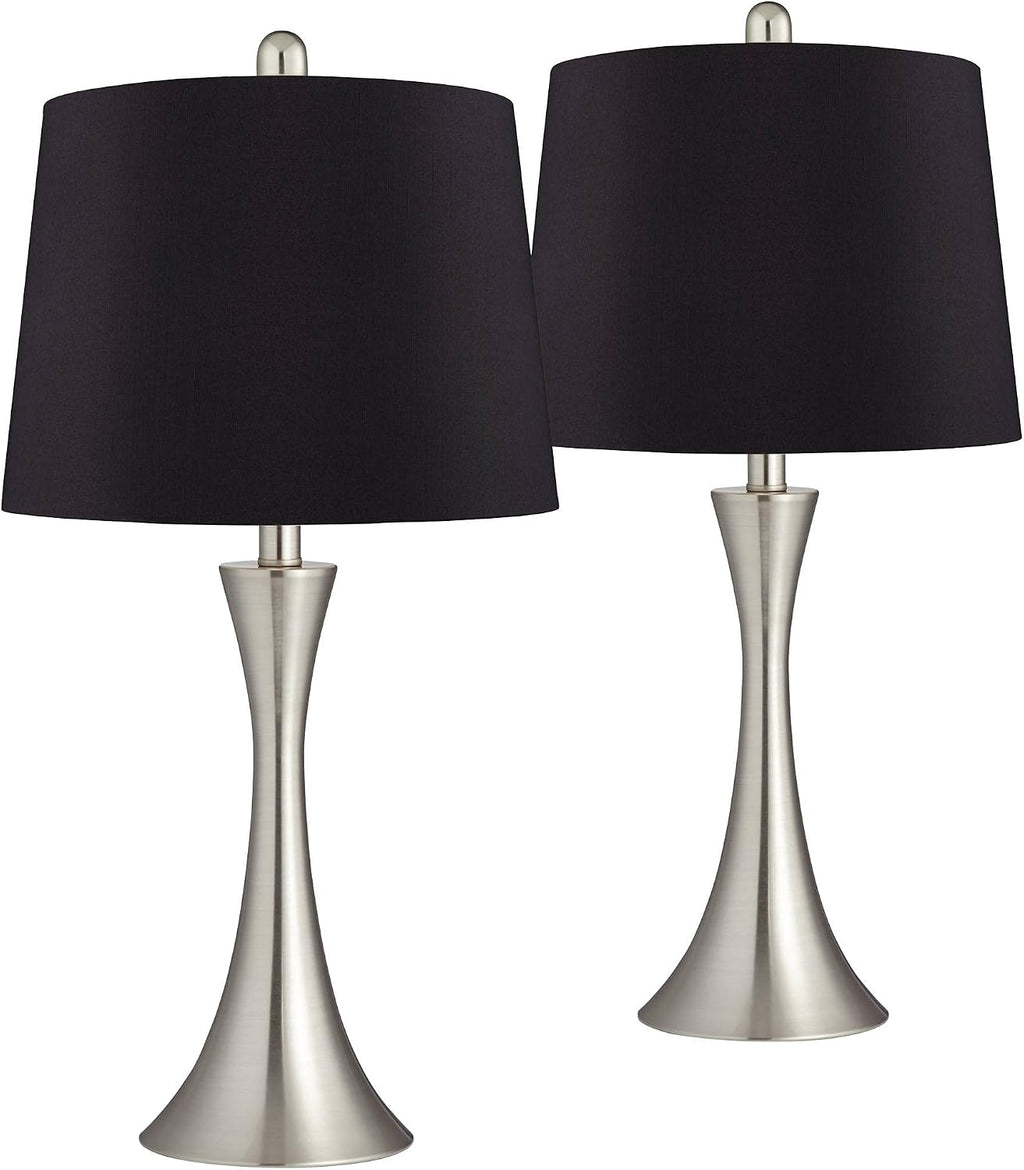 360 Lighting Gerson Modern Table Lamps 24' Tall Set of 2 Brushed Nickel Silver Curving Metal LED Black Faux Silk Drum Shade for Bedroom Living Room House Bedside Nightstand Office Family