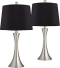 360 Lighting Gerson Modern Table Lamps 24' Tall Set of 2 Brushed Nickel Silver Curving Metal LED Black Faux Silk Drum Shade for Bedroom Living Room House Bedside Nightstand Office Family