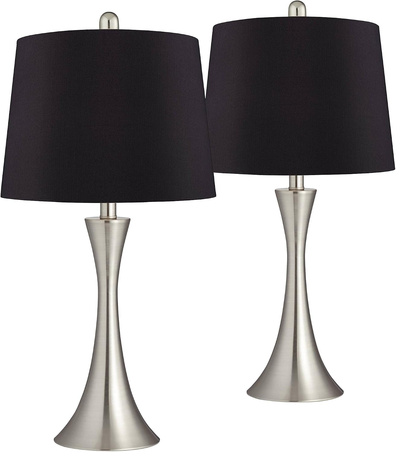 360 Lighting Gerson Modern Table Lamps 24' Tall Set of 2 Brushed Nickel Silver Curving Metal LED Black Faux Silk Drum Shade for Bedroom Living Room House Bedside Nightstand Office Family