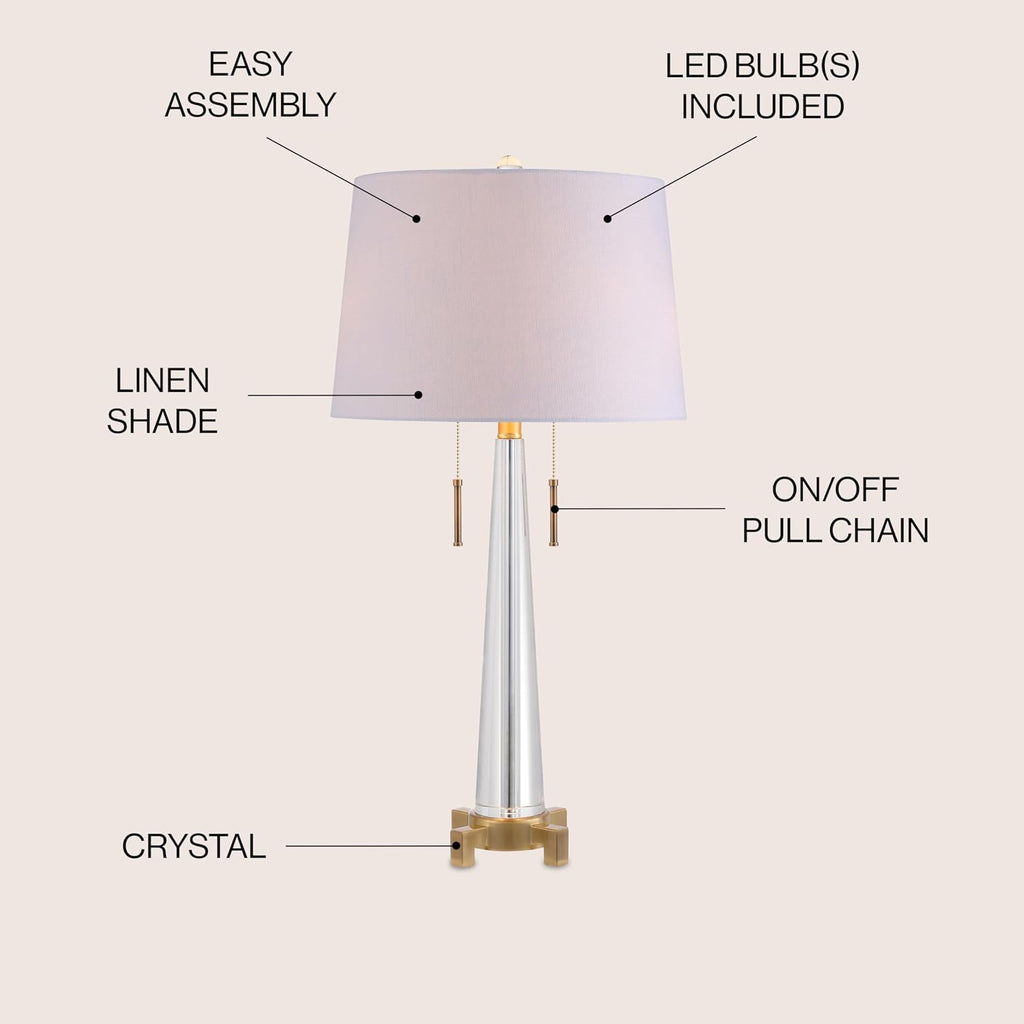 JONATHAN Y 29.5' Clear/Brass Gold 2-Light Crystal LED Table Lamp, Contemporary Glam Bedside Lamp for Living Room, White Linen Drum Shade, Pull Chain, LED Bulbs Included JYL2018A