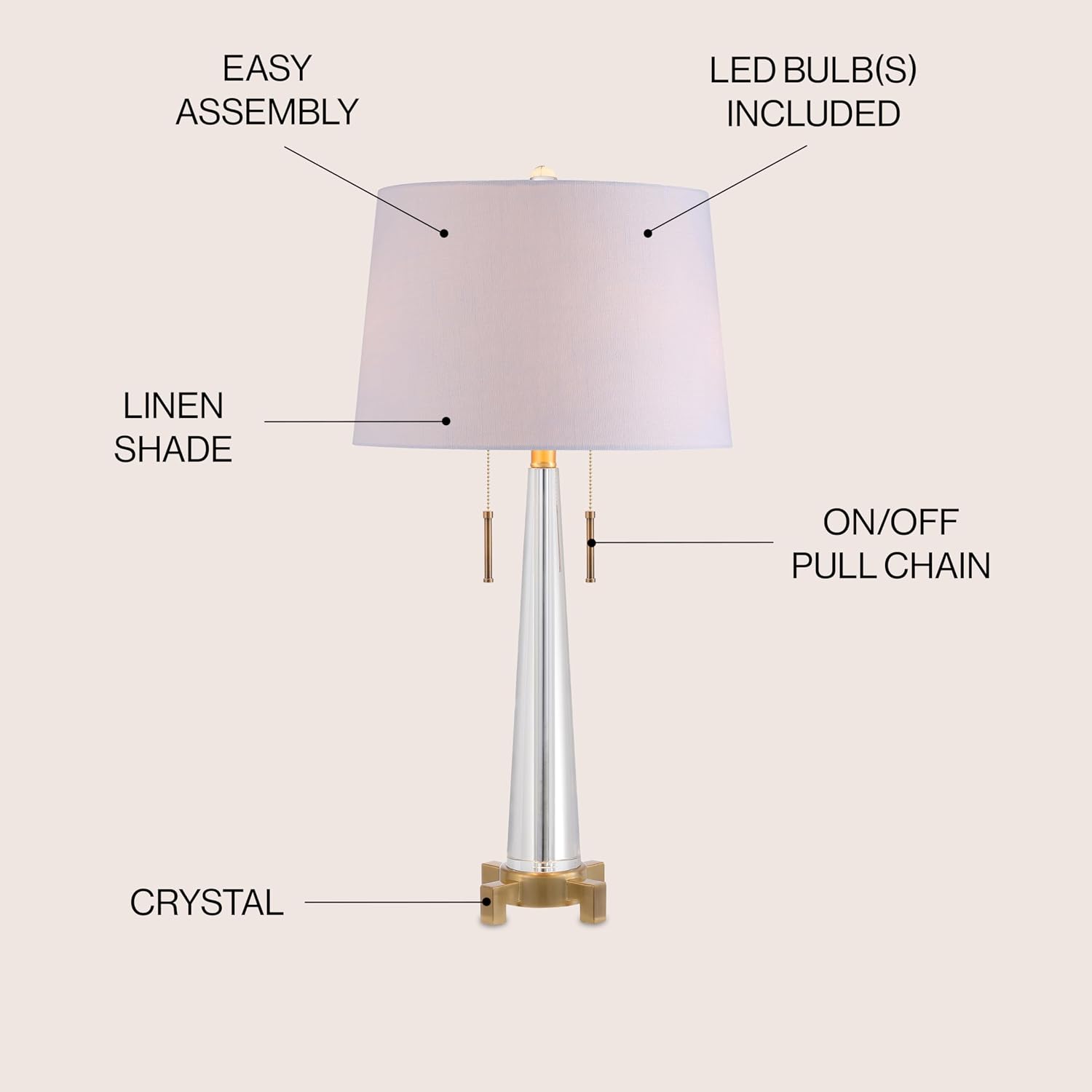 JONATHAN Y 29.5' Clear/Brass Gold 2-Light Crystal LED Table Lamp, Contemporary Glam Bedside Lamp for Living Room, White Linen Drum Shade, Pull Chain, LED Bulbs Included JYL2018A