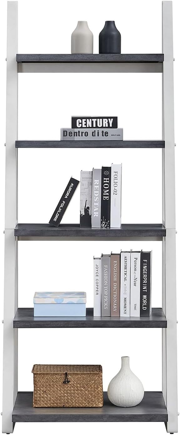 Ladder Shelf, 5-Tier Bookshelf Bookcase, Freestanding Corner Storage Shelves with Wood Frame for Home Office, Living Room, Kitchen, Bedroom, Grey+White