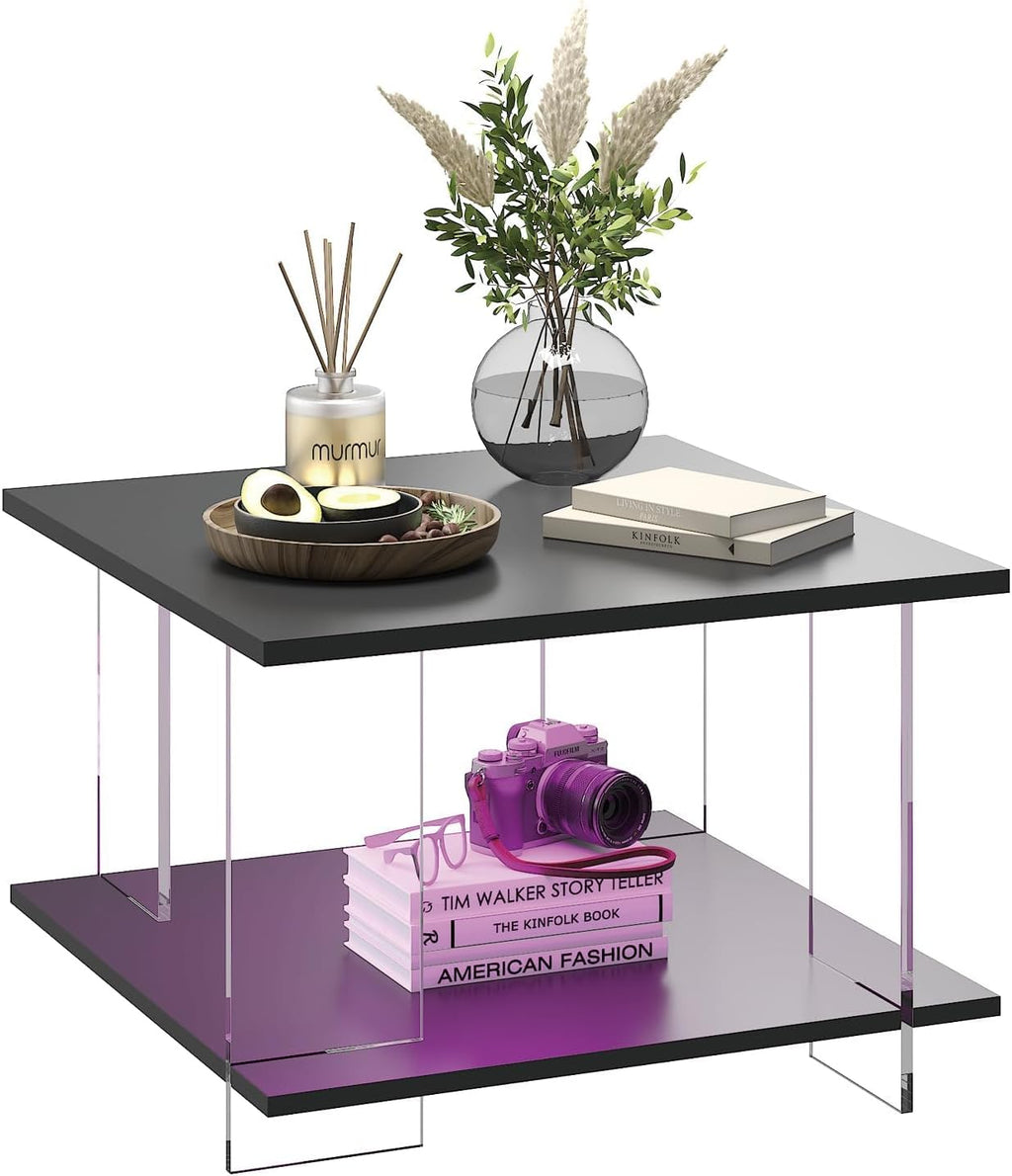HedoAjim 24' Acrylic Coffee Table with Black Wood Tabletop, Minimalist Stylish Modern Square Center Table for Living Room,Led Living Room Table with Storage Shelf & Acrylic Frame for Small Space