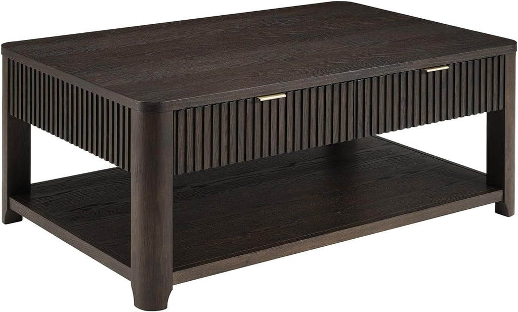 HULALA HOME Modern Fluted Coffee Table with Storage, Wood Oak Veneer Coffee Table with Wide Tabletop, 2 Drawers and Lower Shelf for Living Room, Easy Assembly, Black