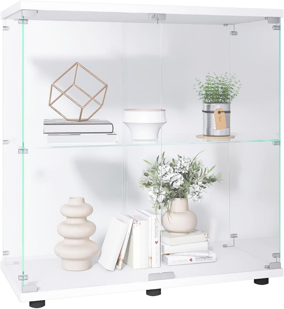 33.35' Two-Door Glass Display Cabinet 2 Shelves with Door,Floor Standing Curio Bookshelf w/Locks,Transparent Full Viewing Angle Cabinets for Living Room,Bedroom,Showroom,Office,White