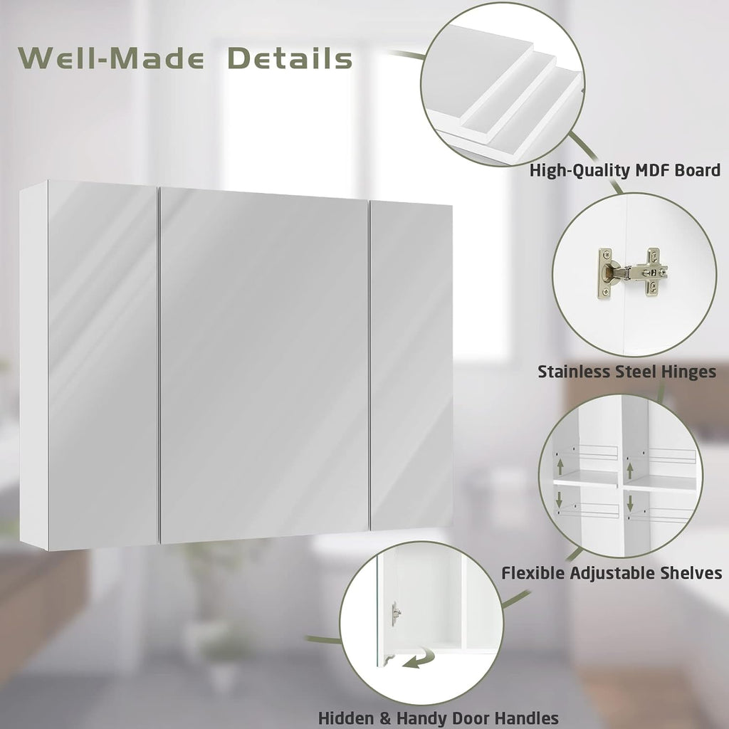 DICTAC Bathroom Medicine Cabinet with Mirrors 31.5x23.62 Inch Storage Cabinet with Mirror Wall Mounted Bathroom Mirror with Adjustable Storage Shelves and 3 Doors Mirror Medicine Cabinets for bathroom