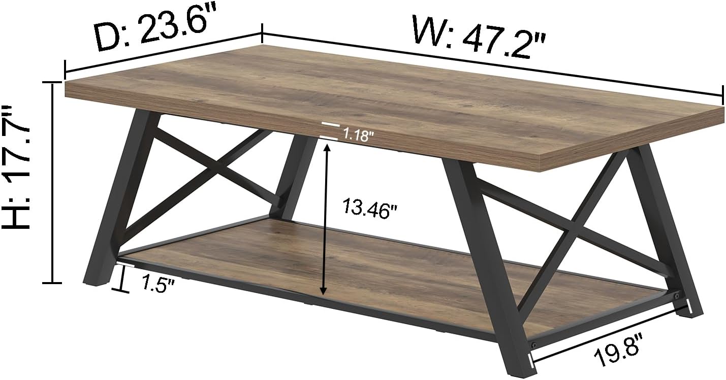 EXCEFUR Modern Coffee Table, Rectangle Center Table for Living Room with Storage Shelf, Industrial Wood and Metal Cocktail Tea Table, Rustic Oak, 47 Inch
