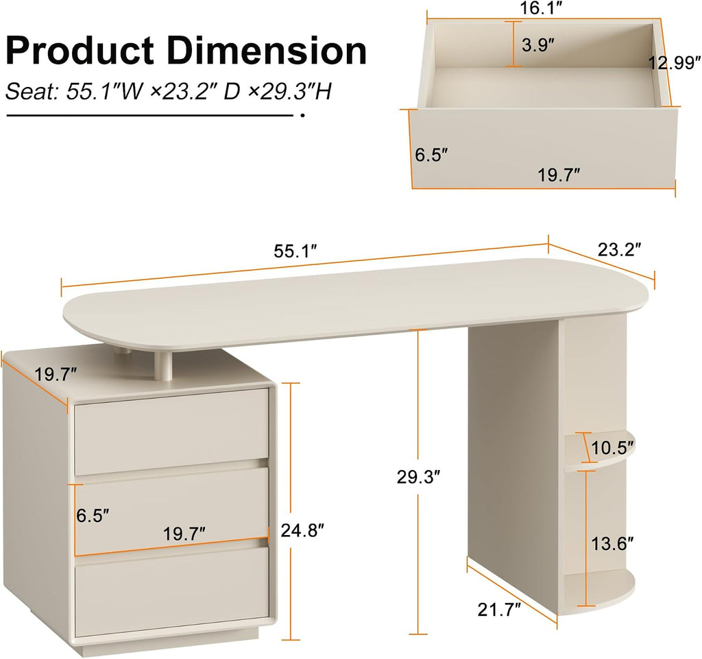 Qulomvs Desk with Drawers, 55inch Home Office White Desk with Drawers and Storage Shelves, Cream White Modern Simple Style Laptop Desk, Work Study Writing Table Workstation for Home Office