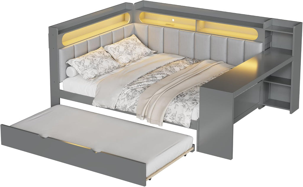Corner Bed Frame with Trundle and Shelves, Full Size Daybed with LED Lights, Storage Headboardand Desk for Kids Teens Boys Girls, Space Saving, No Box Spring Needed, Gray