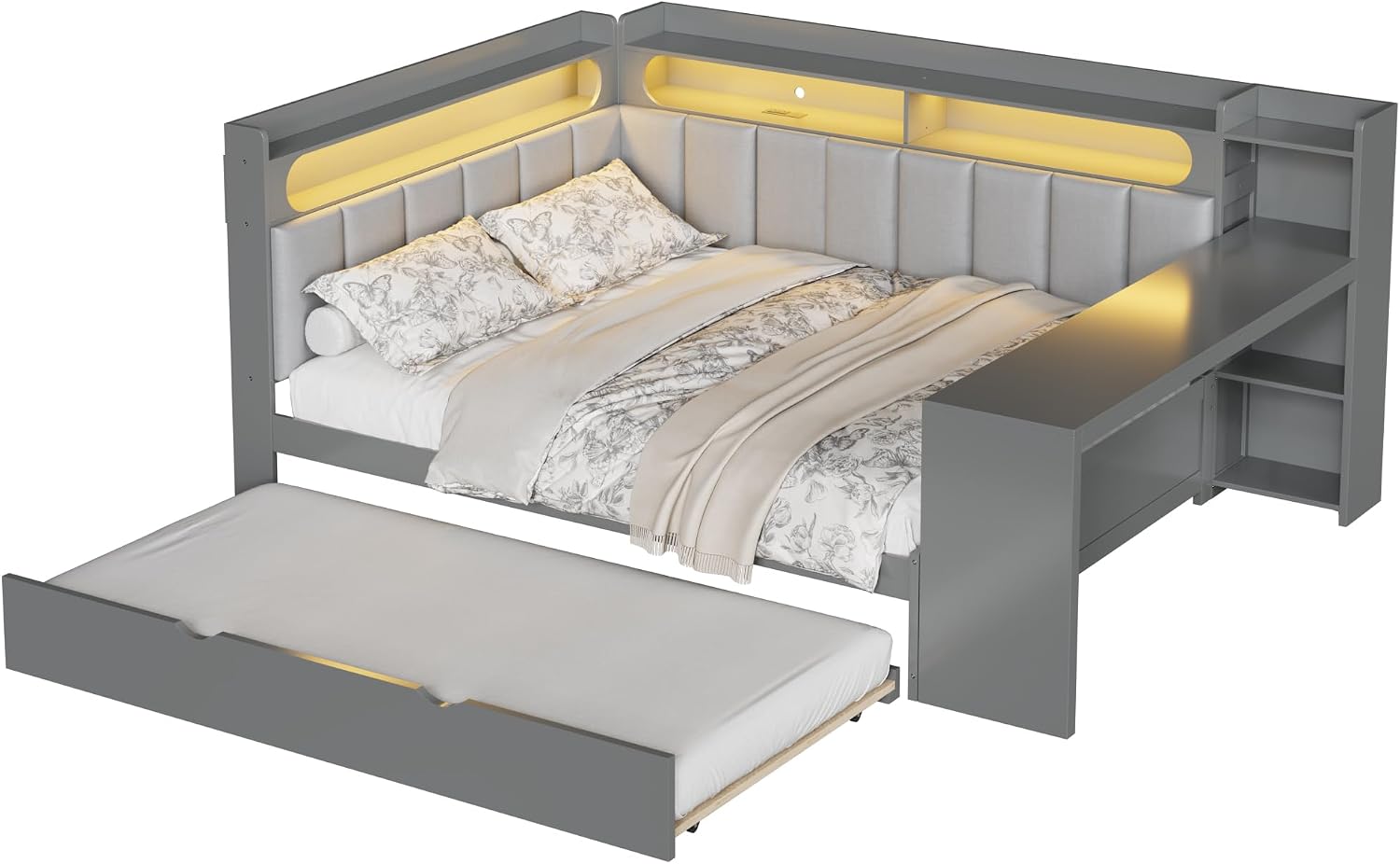 Corner Bed Frame with Trundle and Shelves, Full Size Daybed with LED Lights, Storage Headboardand Desk for Kids Teens Boys Girls, Space Saving, No Box Spring Needed, Gray