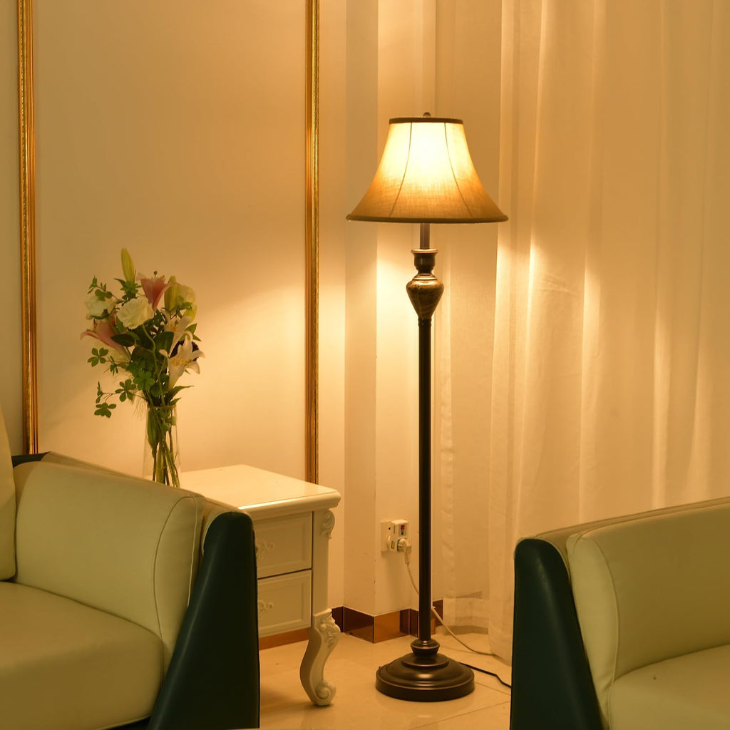 3 Piece Living Room Lamps, Vintage Table Lamp and Floor Lamp Set of 3, Stable Iron Base with Brown Fabric Shade for Bedroom Reading Room Office