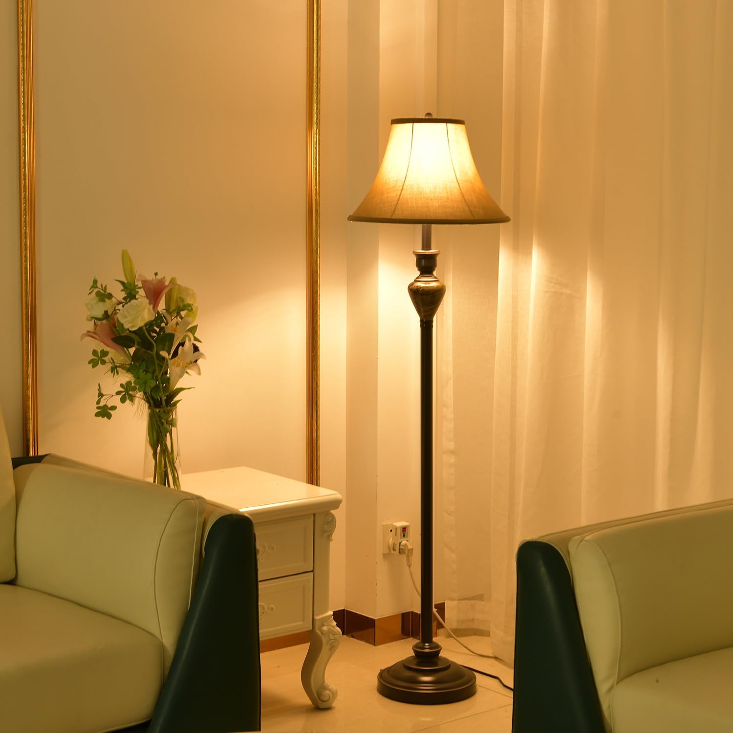 3 Piece Living Room Lamps, Vintage Table Lamp and Floor Lamp Set of 3, Stable Iron Base with Brown Fabric Shade for Bedroom Reading Room Office