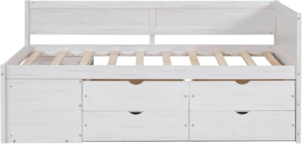 Twin Size White Daybed with Storage Drawers and Shelves,Wooden L-Shaped Corner Day Bed with Headboard & Bookcase for Boys,Girls,Small Room, Guest Room, kids'Room
