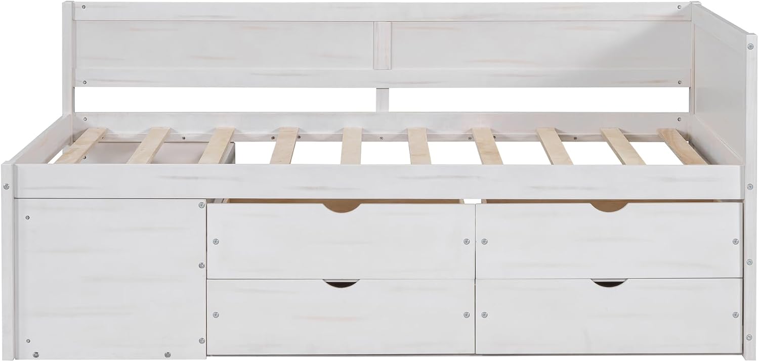 Twin Size White Daybed with Storage Drawers and Shelves,Wooden L-Shaped Corner Day Bed with Headboard & Bookcase for Boys,Girls,Small Room, Guest Room, kids'Room