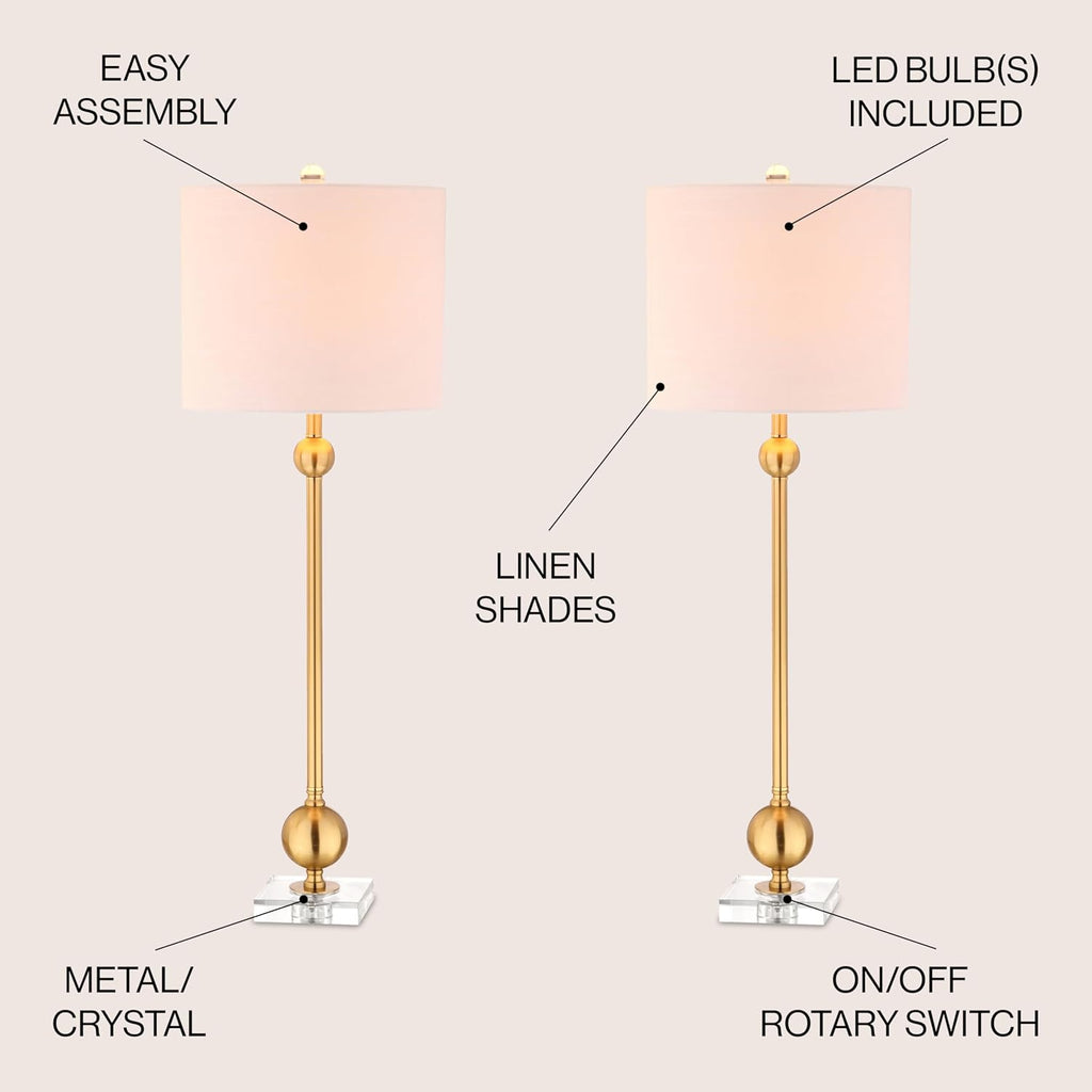 JONATHAN Y 34.75' Brass Metal LED Table Lamp Set of 2 with Crystal Base, Mid-Century Modern Sputnik Design for Living Room Bedroom, White Linen Shade, LED Bulbs Included JYL2010A-SET2