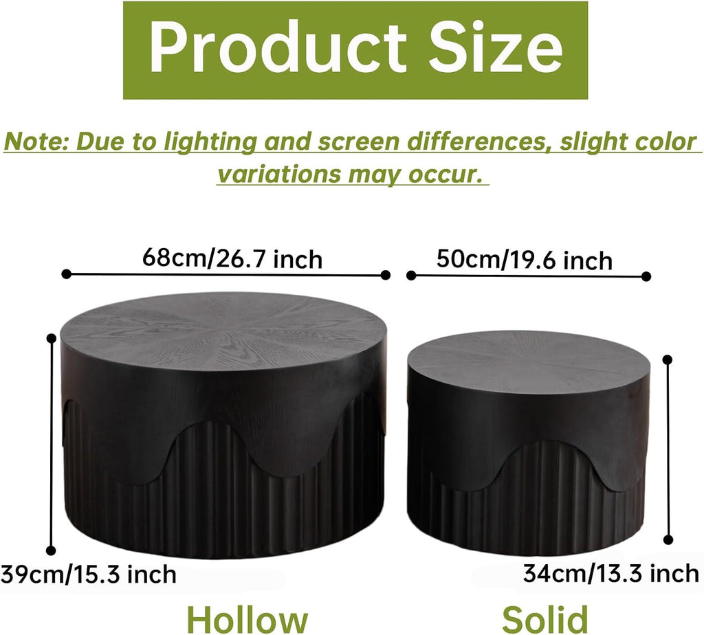 Round Nesting Coffee Table Modern Black Fluted Coffee Table Set of 2 Stripe Round Coffee Tables Drum Crescent Side Table Accent End Table for Living Room (Black C Large)