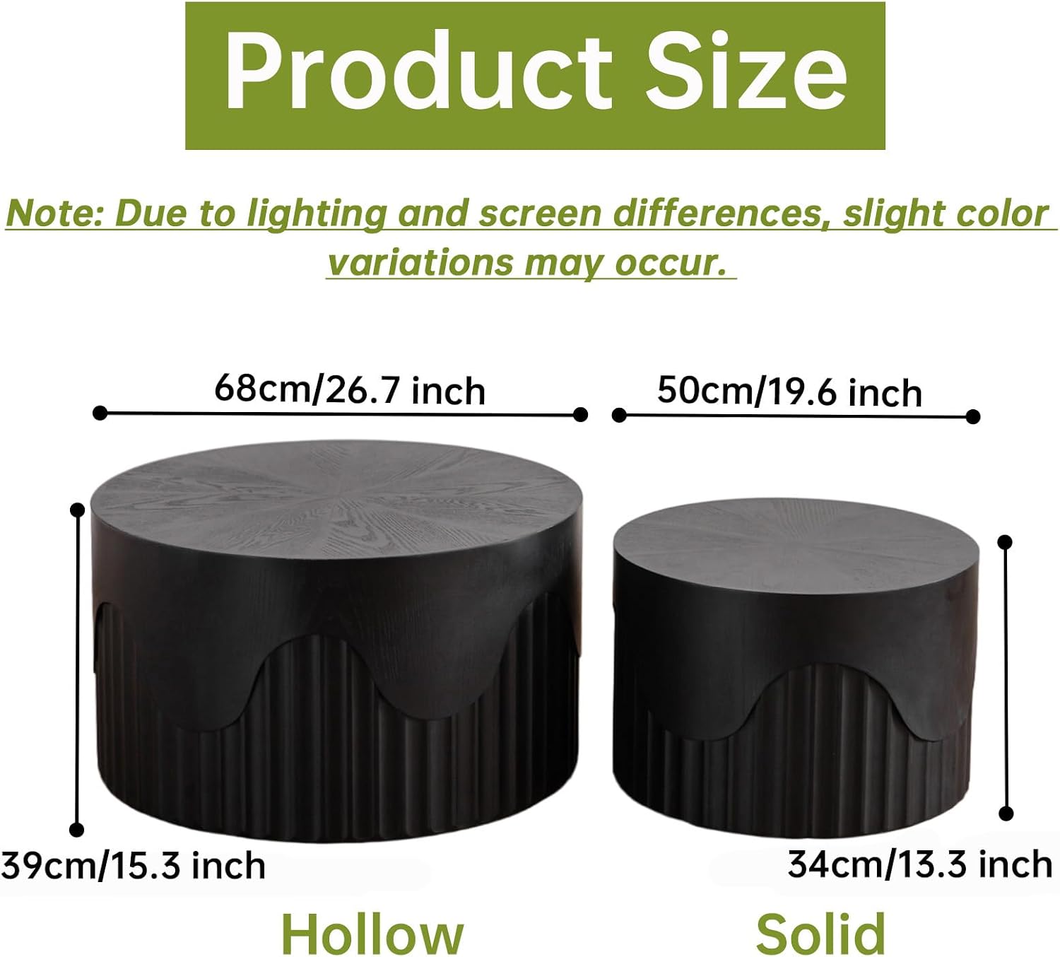 Round Nesting Coffee Table Modern Black Fluted Coffee Table Set of 2 Stripe Round Coffee Tables Drum Crescent Side Table Accent End Table for Living Room (Black C Large)