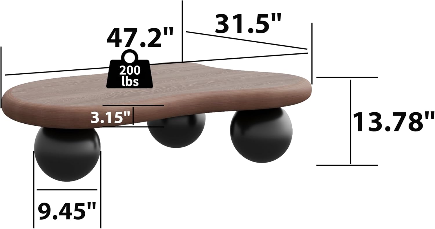 47' Cloud Coffee Table for Living Room Irregular Coffee Table Mid Century Modern Unique Coffee Tables Low Cute Small Center Table with 3 Ball Legs for Small Space Apartment Walnut & Black