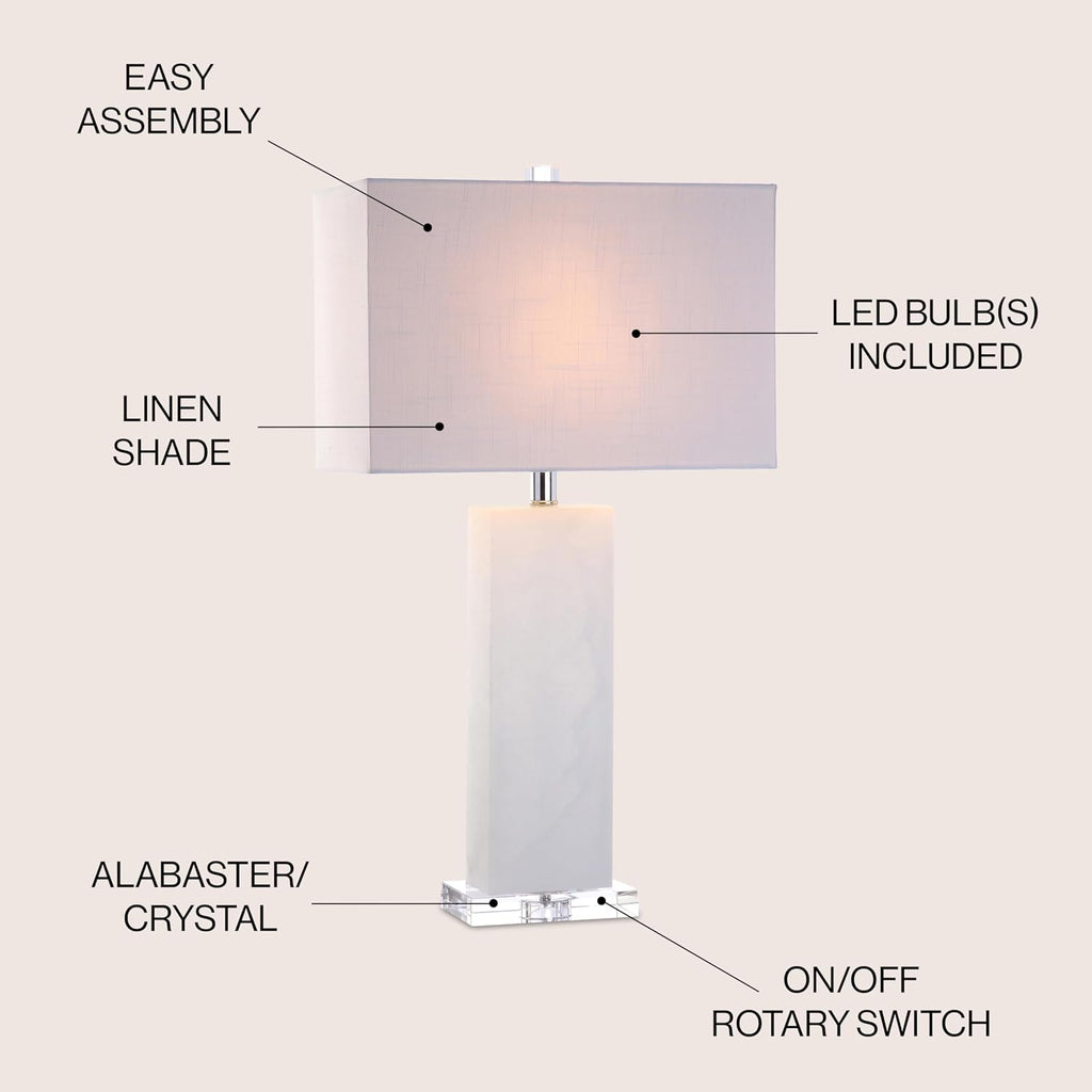 JONATHAN Y 27' White Alabaster Rectangular Table Lamp Contemporary Modern Bedside Nightstand Lamp for Living Room Bedroom with White Linen Shade LED Bulb Included JYL2009A