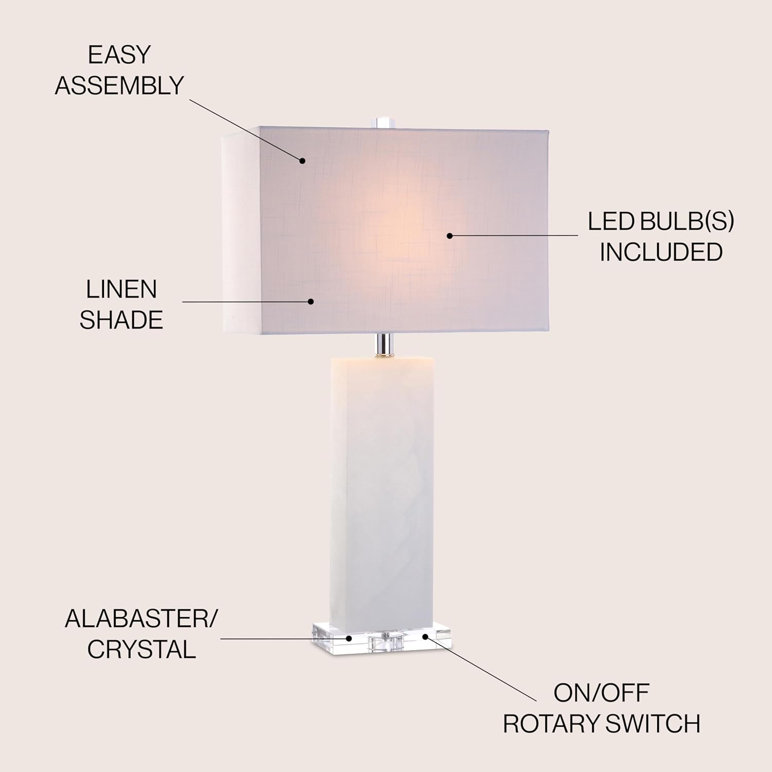 JONATHAN Y 27' White Alabaster Rectangular Table Lamp Contemporary Modern Bedside Nightstand Lamp for Living Room Bedroom with White Linen Shade LED Bulb Included JYL2009A