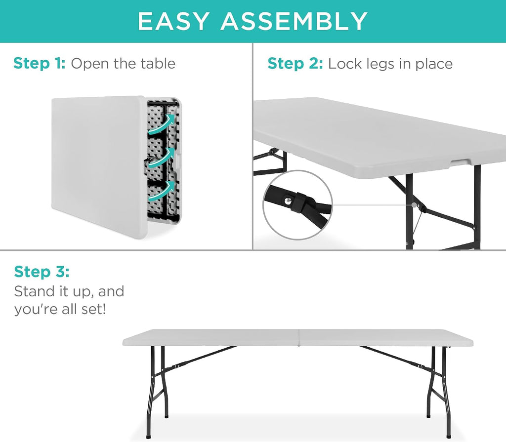 Best Choice Products 8ft Plastic Folding Table, Indoor Outdoor Heavy Duty Portable w/Handle, Lock for Picnic, Party, Pong, Camping - Light Gray