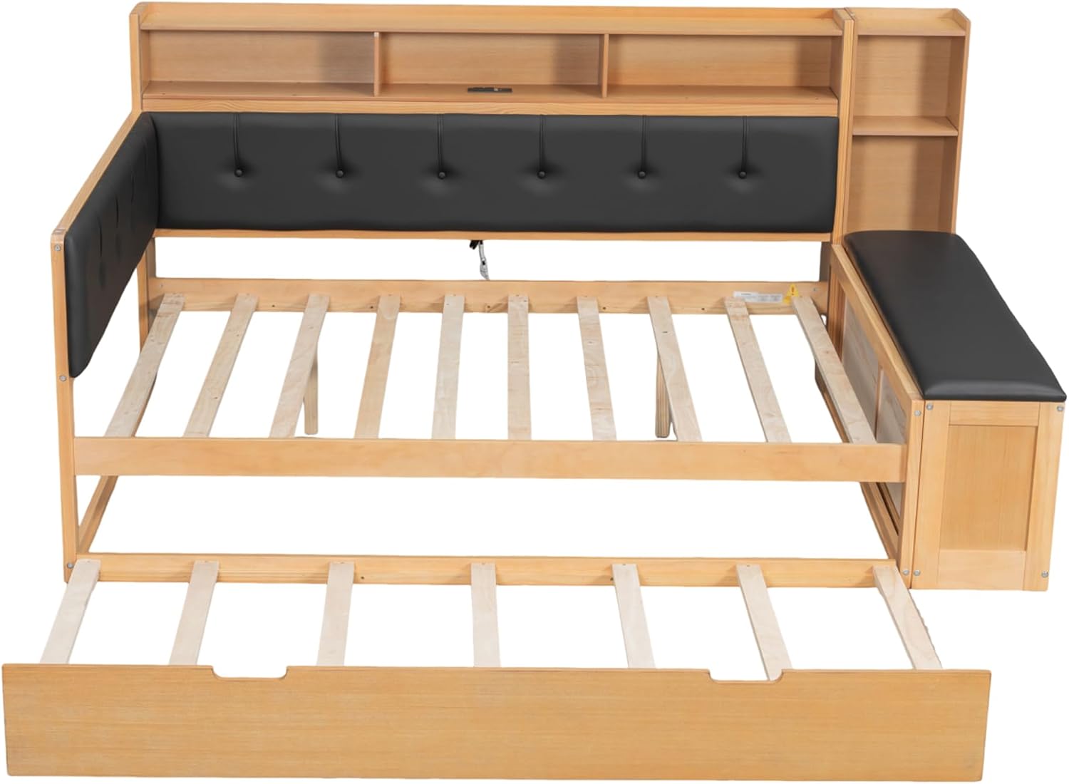 SOFTSEA Full Size Daybed with Trundle & Storage Drawers, Wood L-Shaped Daybed Corner Bed with Upholstered Headboard, Bench, 2 Drawers, Bookcase & USB Ports for Boys Girls Kids Adults, Natural Black