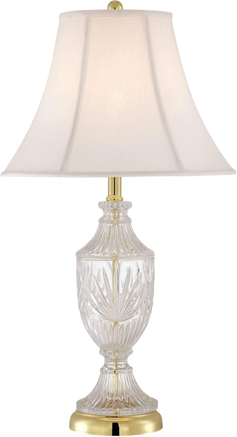 Regency Hill Traditional Glam Style Table Lamp 26.5' High Cut Glass Urn Brass Gold Metal Clear White Cream Bell Glass Shade Decor for Living Room Bedroom House Bedside Nightstand Home
