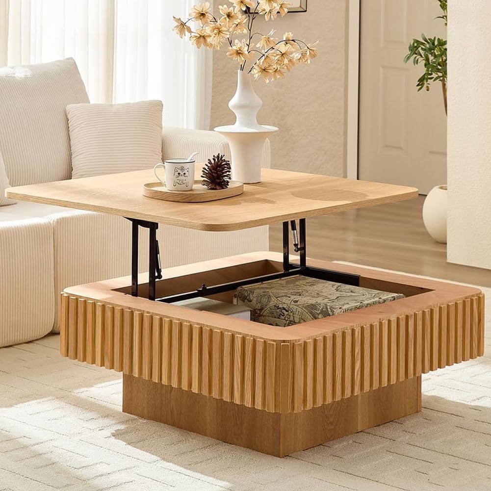Lift top Coffee Table Square for Living Room Storage Coffee Table with Lifting Top Smart Fluted Coffee Tables Modern Larger Center Tables for Apartment 35.43'' Natural Wood