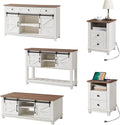 AMERLIFE Farmhouse 5-Piece Set,18' End Tables Set of 2 with Charging Station,TV Stand for 65'+ TV, Storage Coffee Table & 46'' Entryway Table,Sliding Barn Doors,Adjustable Shelves, Rustic White