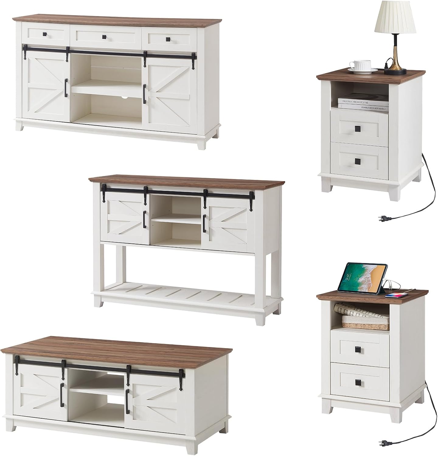 AMERLIFE Farmhouse 5-Piece Set,18' End Tables Set of 2 with Charging Station,TV Stand for 65'+ TV, Storage Coffee Table & 46'' Entryway Table,Sliding Barn Doors,Adjustable Shelves, Rustic White