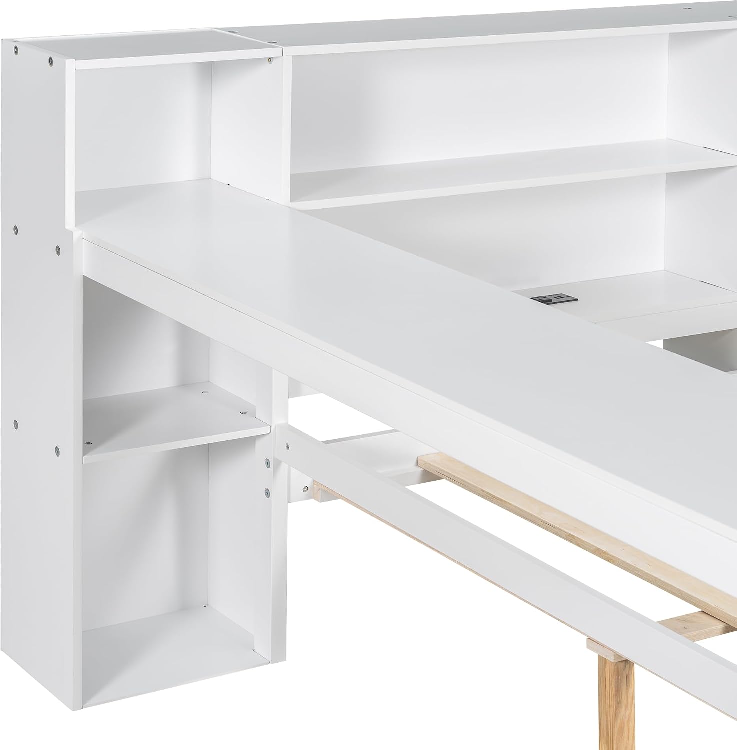 Wood Full Size Daybed with Storage Shelves and Desk, L-Shaped Corner Platform Bed Frame with Upholstered Headboard and 2 Drawers for Office Living Room Bedroom, Space-saving (White-7.16, Full)